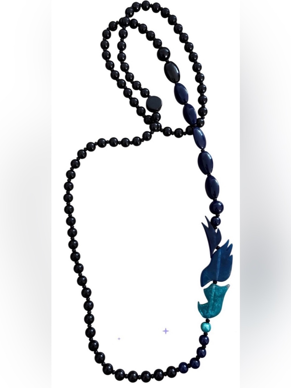 Alembika Tahiti Bird Resin Bead Statement Necklace Long Blue Black Art Wear